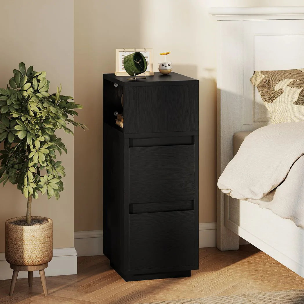 HOMCOM Slim Bedside Table with Open Shelf and 2 Drawers – Narrow Bedside Cabinet for Bedroom or Living Room, Black