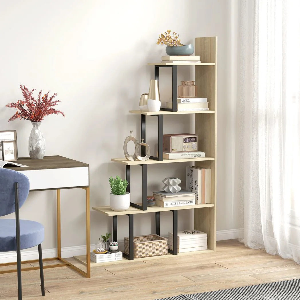 HOMCOM 5-Tier Ladder Bookcase with Anti-Tilt Device – Wooden Display Shelf Unit for Study and Living Room, Oak