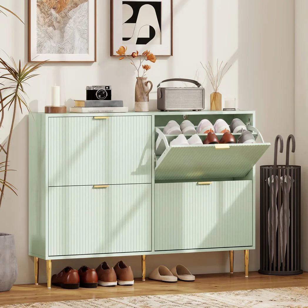 HOMCOM Slim 4-Drawer Shoe Cabinet with Ridged Doors and Gold Accents – Holds 10–20 Pairs, Light Green