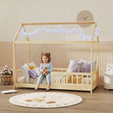 HOMCOM House-Shaped Kids Single Bed Frame with Guard Rails – Solid Pine, Natural Wood