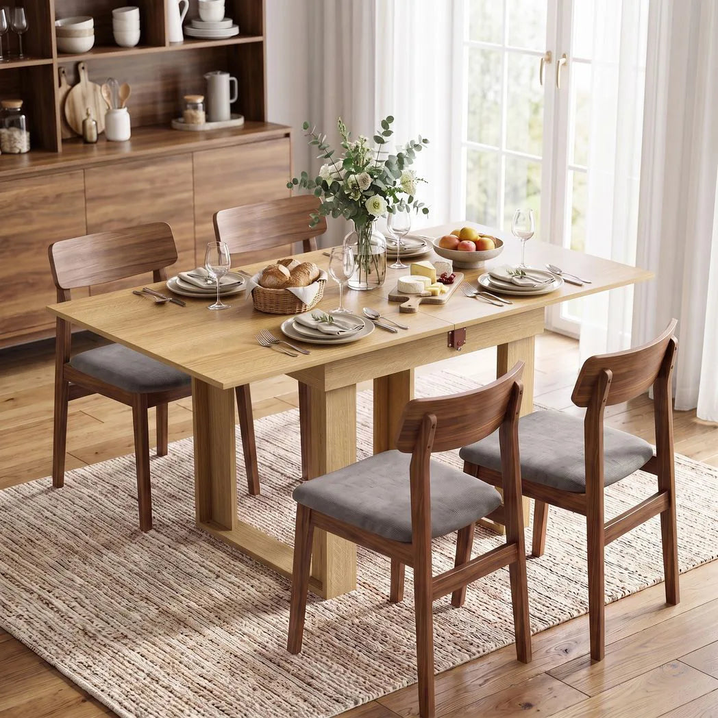 HOMCOM Folding Dining Table Under-Table Storage Extendable Kitchen Table Steel Rail Oak Effect