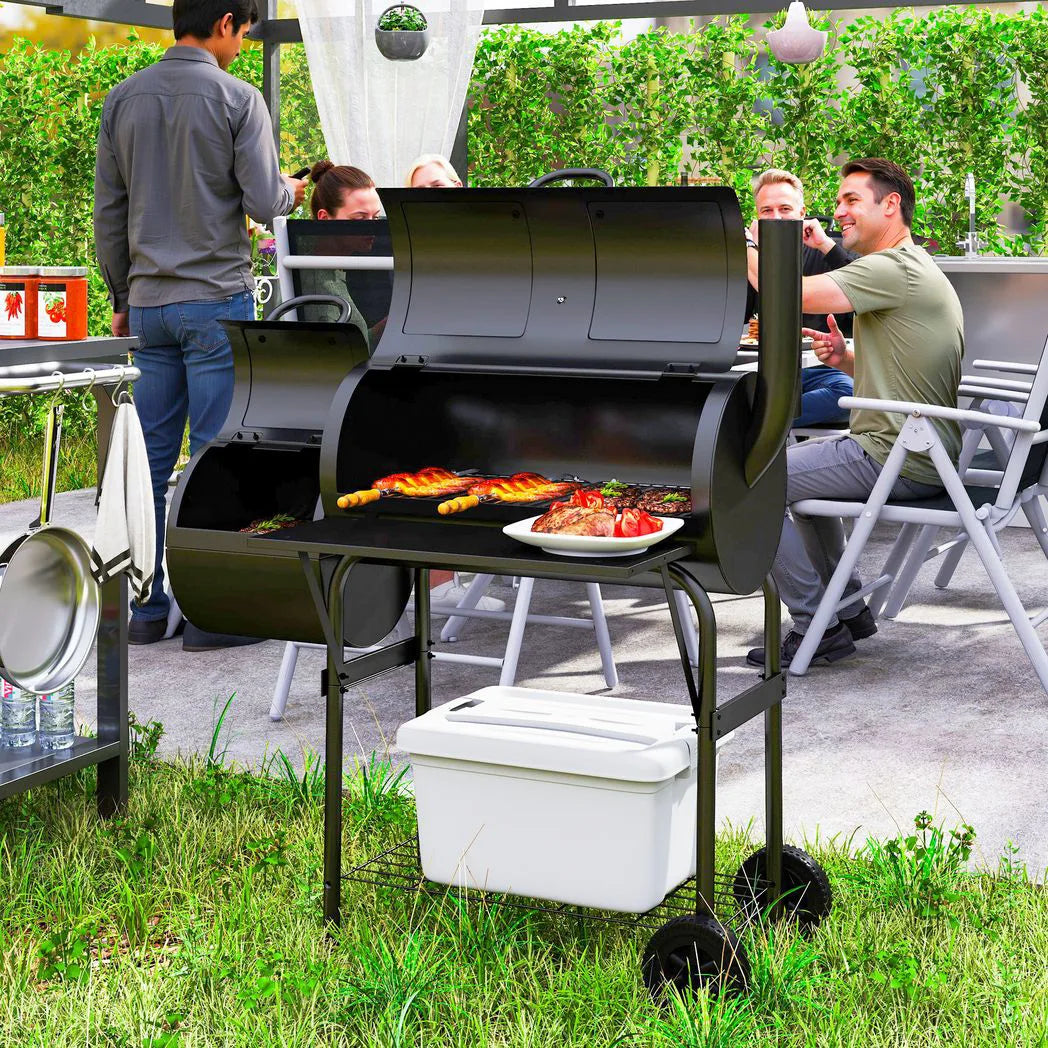 Outsunny Charcoal BBQ Grill with Offset Smoker, Thermometer Lid and Shelves – Garden Barbecue, Black