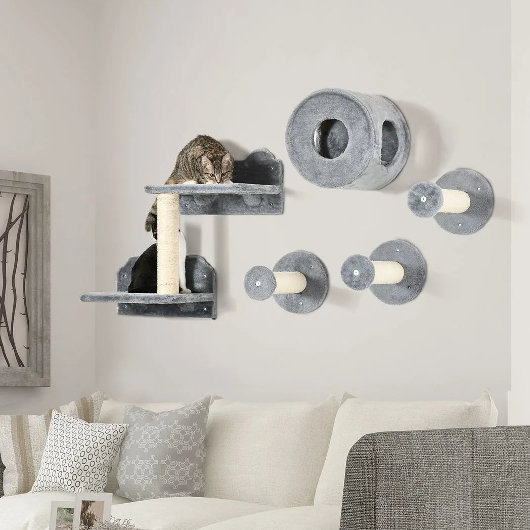 PawHut 5-Piece Wall-Mounted Cat Furniture Set with Perch, Cat House and Sisal Scratching Post – Plush Cat Shelves