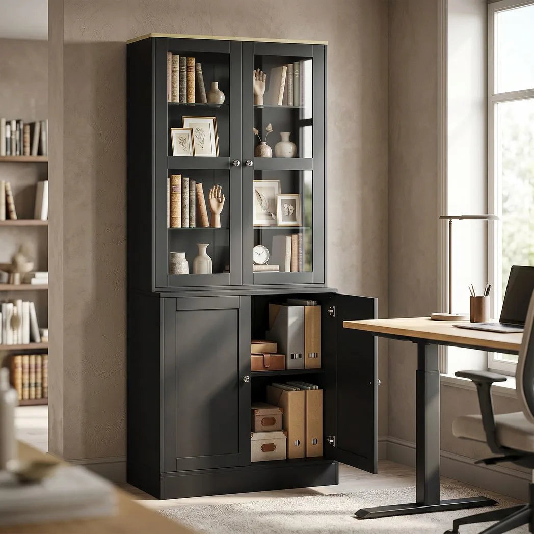 HOMCOM Modern Bookcase Display Cabinet with Glass Doors & Adjustable Shelves – Storage Unit, Black