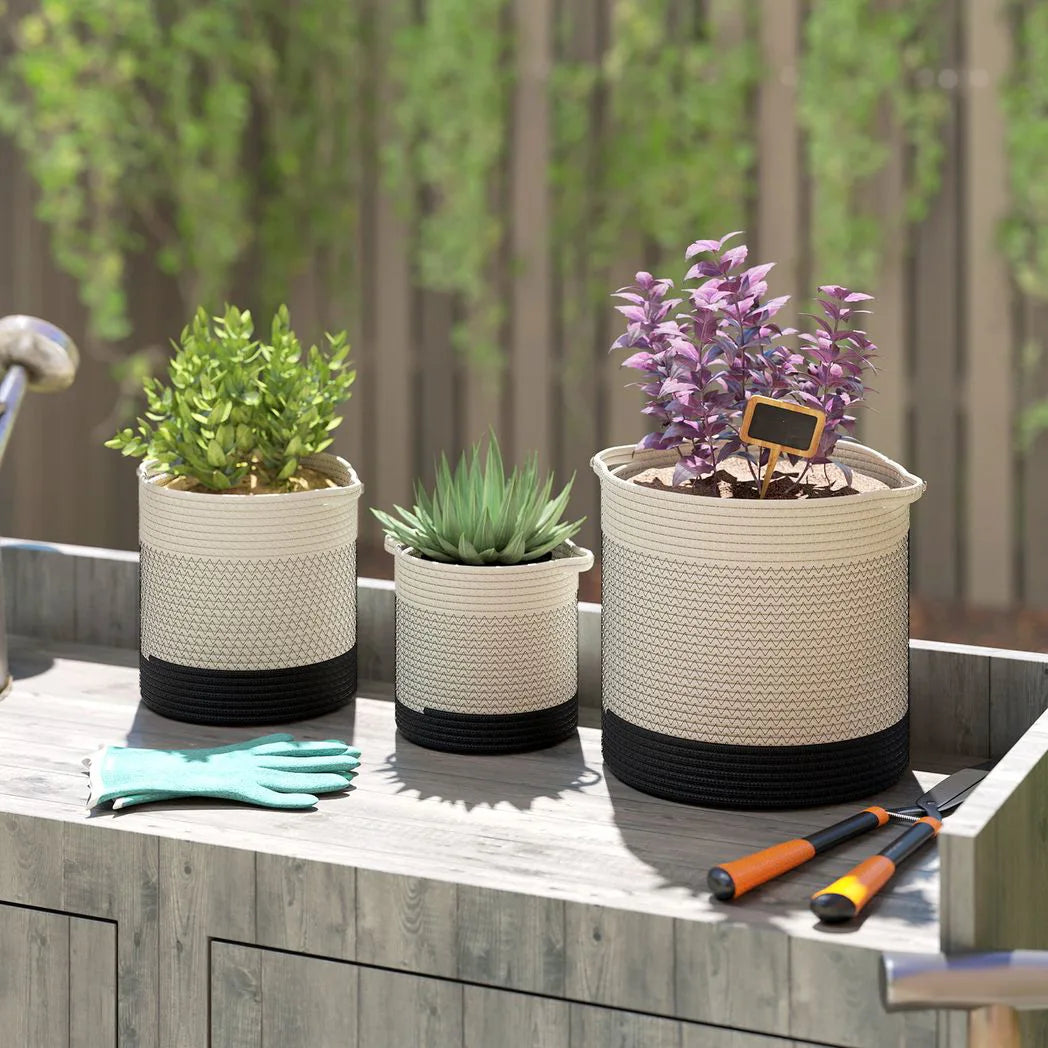 Outsunny Handwoven Cotton Rope Plant Pots, Set of 3 – Indoor Planters with Waterproof Liner, White