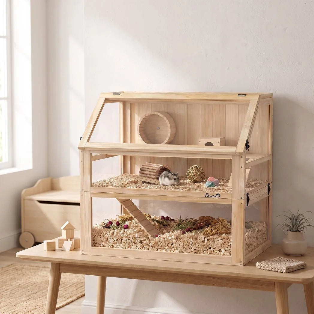 PawHut Wooden Hamster Cage with 31cm Deep Base, Hut, Seesaw, Exercise Wheel and Ramp, 80 x 50 x 76cm – Natural