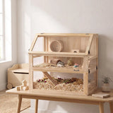 PawHut Wooden Hamster Cage with 31cm Deep Base, Hut, Seesaw, Exercise Wheel and Ramp, 80 x 50 x 76cm – Natural