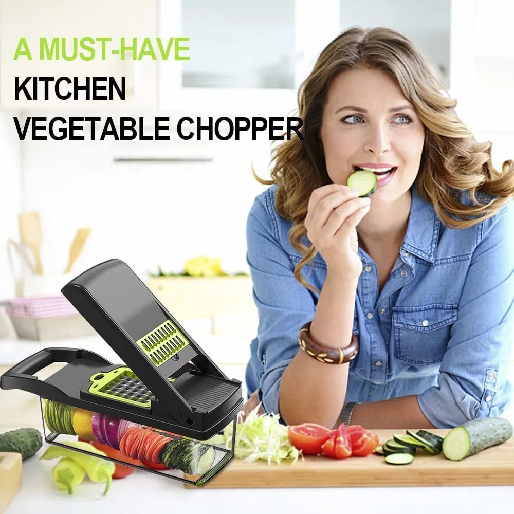 16-in-1 Multifunctional Vegetable Chopper with 8 Blades and 1.5L Container – Mandoline Slicer, Dicer and Peeler