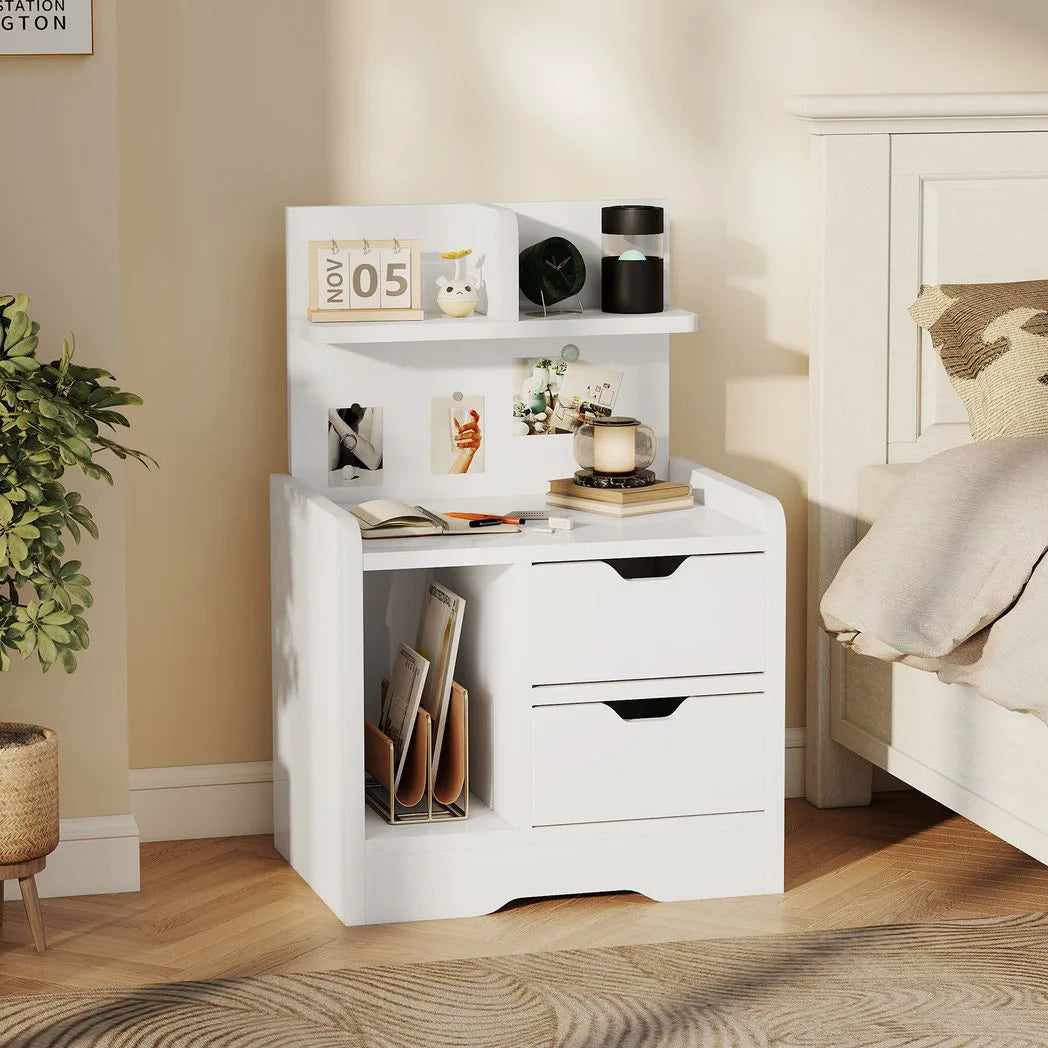 HOMCOM Bedside Table with 2 Drawers and Open Shelves – Cut-Out Handles, High Gloss White Nightstand