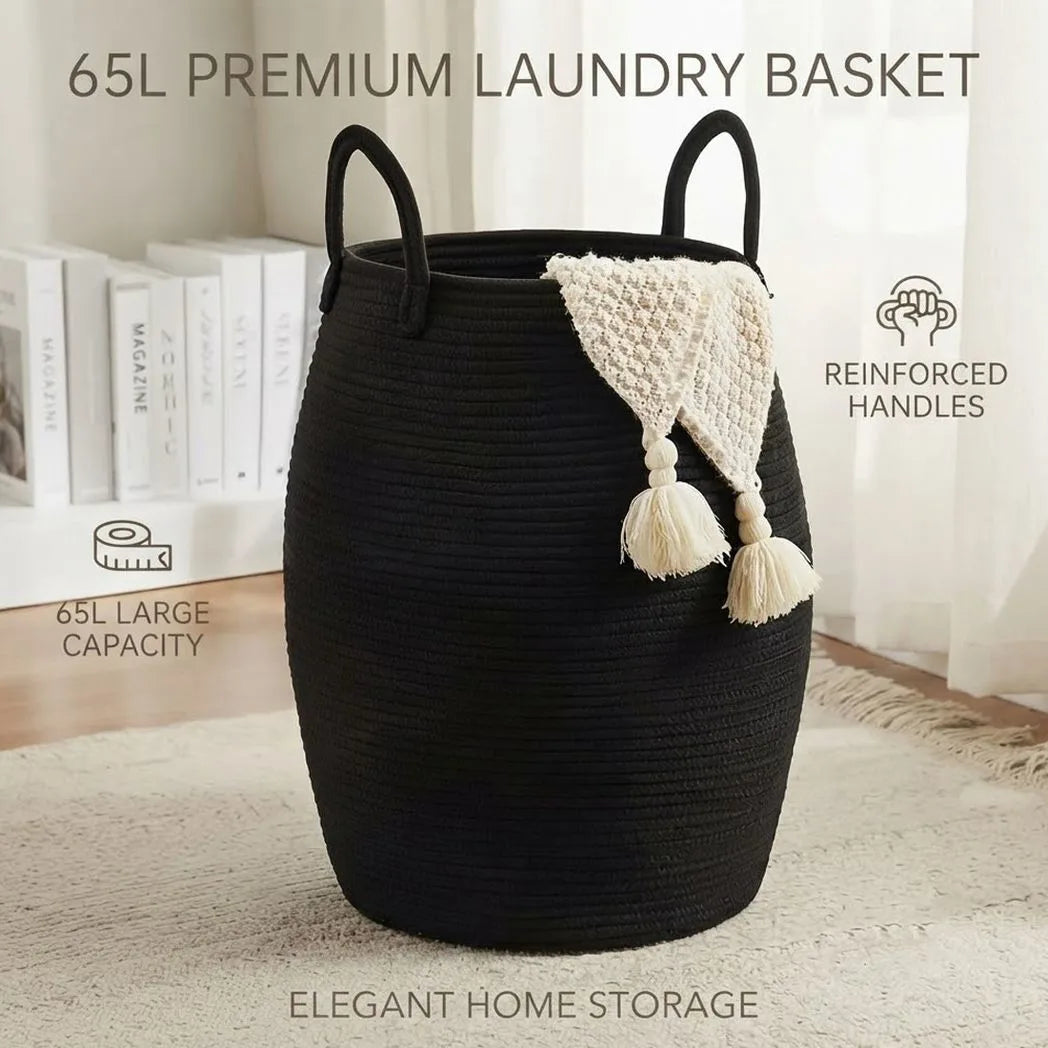 65L Foldable Laundry Basket with Handles – Bamboo & Fabric Storage Bin for Bedroom & Bathroom, Black