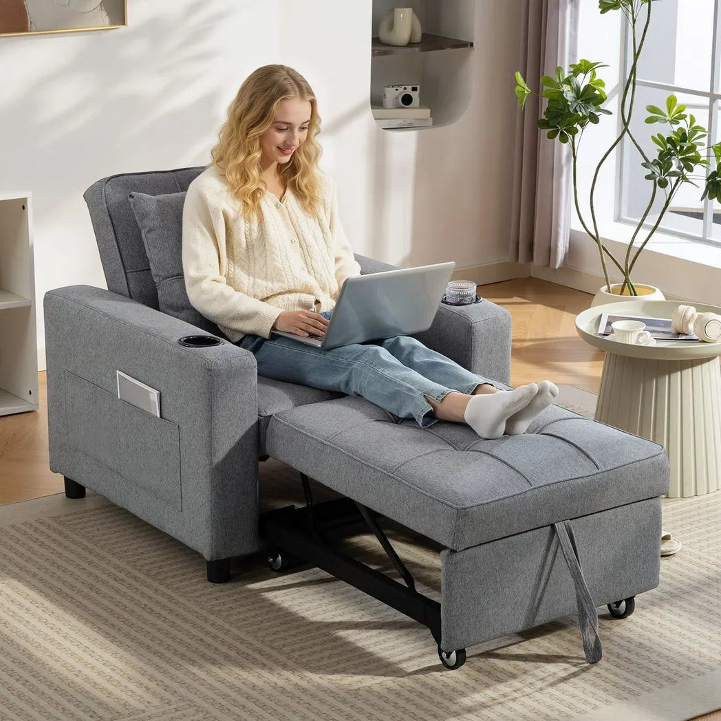 HOMCOM 3-in-1 Single Sofa Bed with Three-Level Back, Cup Holders and Pillow – Convertible Sleeper Chair Bed, Dark Grey