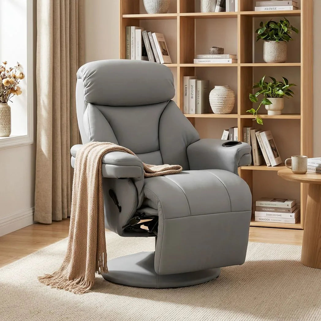 HOMCOM Manual Reclining Armchair with Footrest, Adjustable Backrest and 360° Swivel – Living Room Recliner, Grey