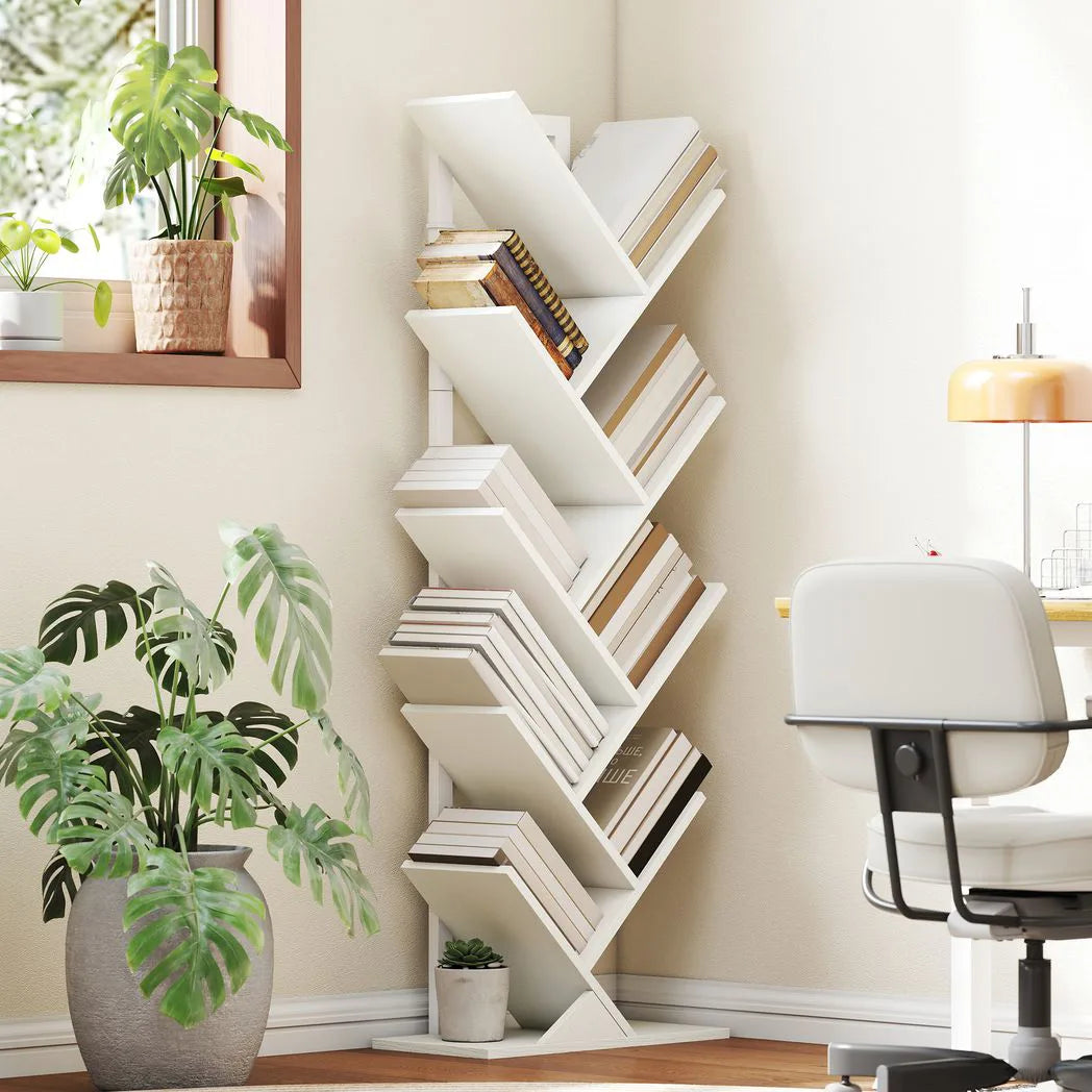 HOMCOM 9-Tier Tree Bookshelf with Steel Frame – Industrial Free Standing Bookcase for Books & Display, White