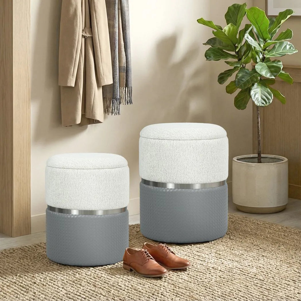 HOMCOM Nesting Round Storage Ottoman Set of 2 with Lift-Off Lids – Footstool and Vanity Stool, Cream and Grey