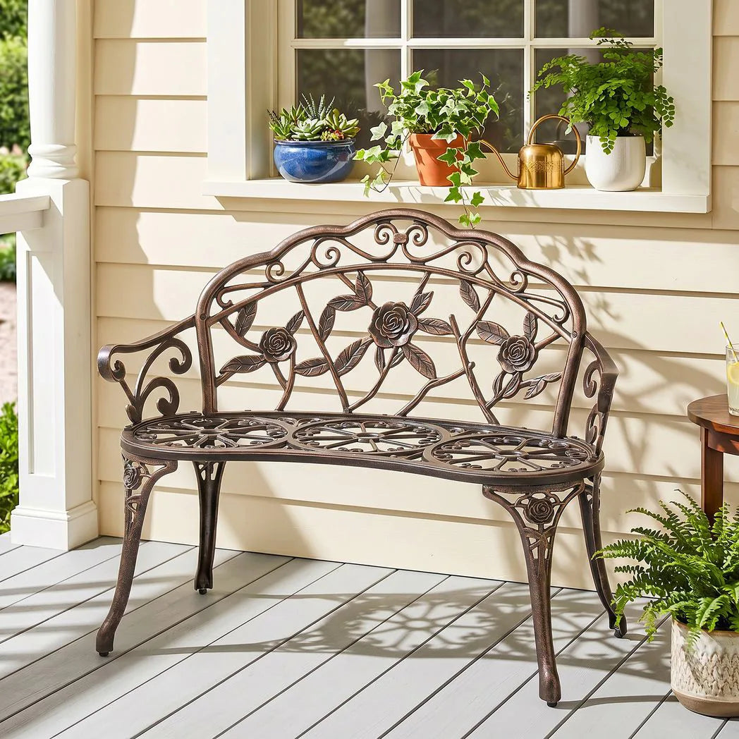 Outsunny Cast Aluminium Garden Bench with Floral Backrest – Outdoor Patio Bench, Bronze Tone