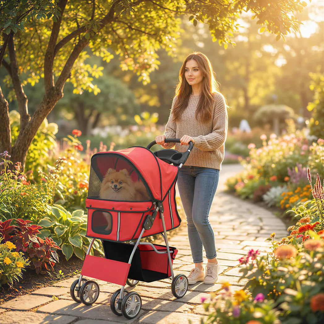 PawHut Dog Pram Pet Stroller with Reflective Strips and 360° Swivel Wheels – Foldable Travel Buggy, Red
