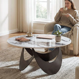 HOMCOM Round Coffee Table with Sintered Stone Top and Adjustable Foot Pads – Living Room, White and Black