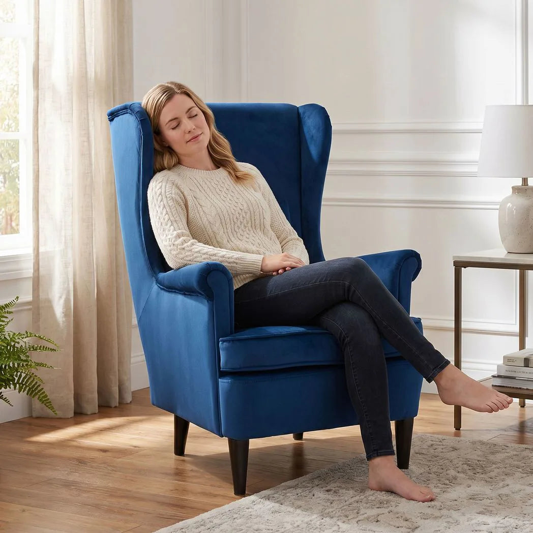 HOMCOM Wingback Accent Chair with High Backrest & Pillow – Velvet-Feel Reading Chair, Solid Wood Legs, Blue