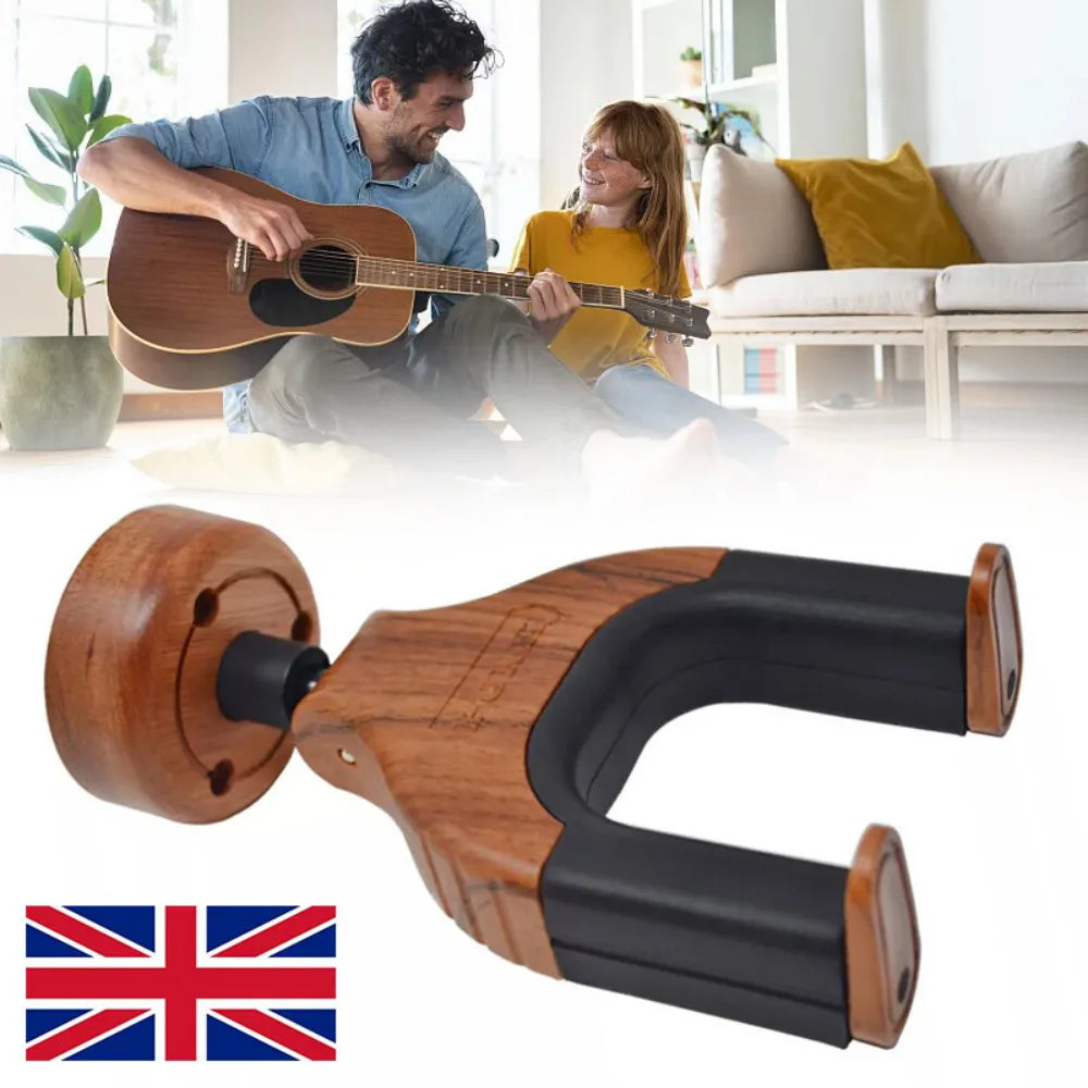 Wall-Mounted Guitar Hanger with Auto-Lock Hook and Solid Wood Base – Guitar Storage and Display Stand