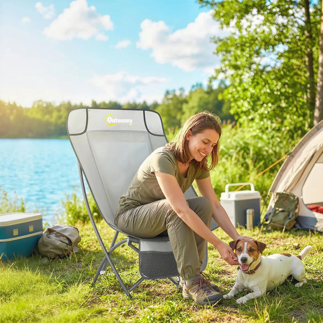 Outsunny Folding Moon Chair with Side Pocket & Carry Bag – Heavy Duty Camping Chair for Adults, Light Grey