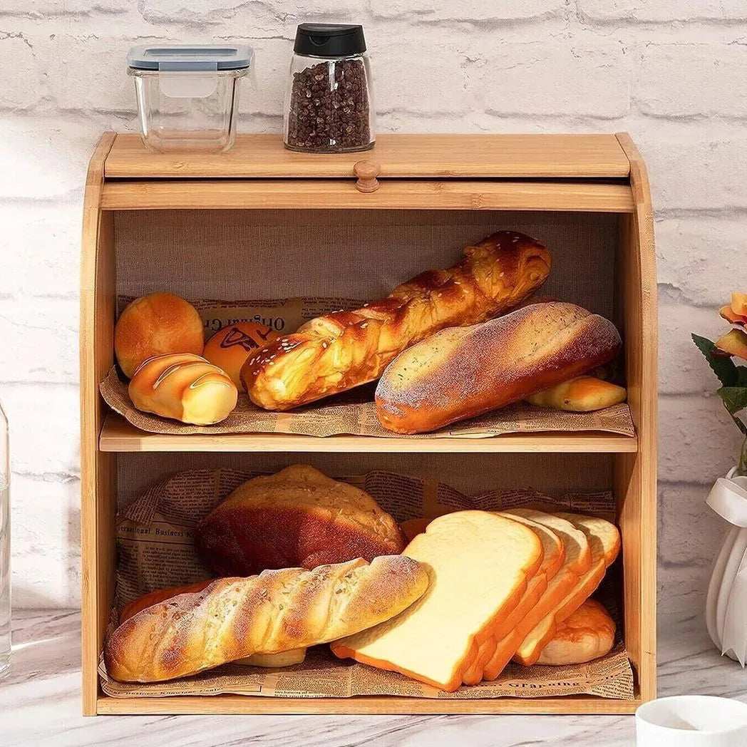 2-Tier Bamboo Bread Bin with Roll Top Lid and Sliding Door – Kitchen Food Storage Box with Food Clip