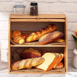2-Tier Bamboo Bread Bin with Roll Top Lid and Sliding Door – Kitchen Food Storage Box with Food Clip