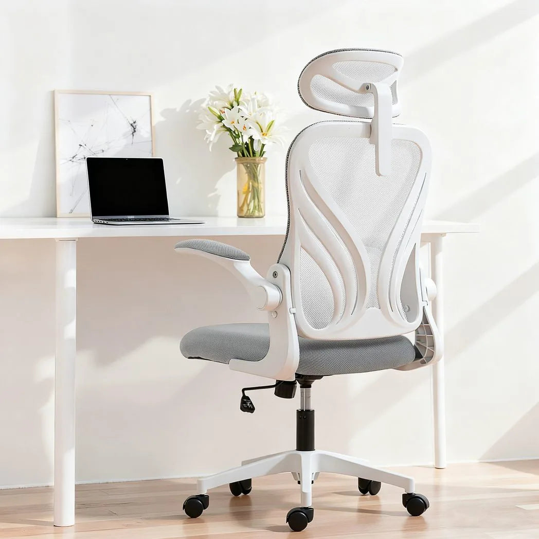HOMCOM Ergonomic Office Chair with Foldable Backrest, 2D Headrest & Flip-Up Arms – Mesh Desk Chair, Light Grey