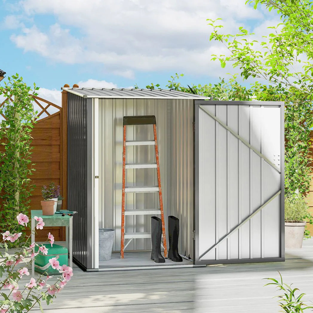 Outsunny 3.3 x 3.4ft Lean-To Steel Garden Shed with Lockable Door – Galvanised Tool Storage, Grey