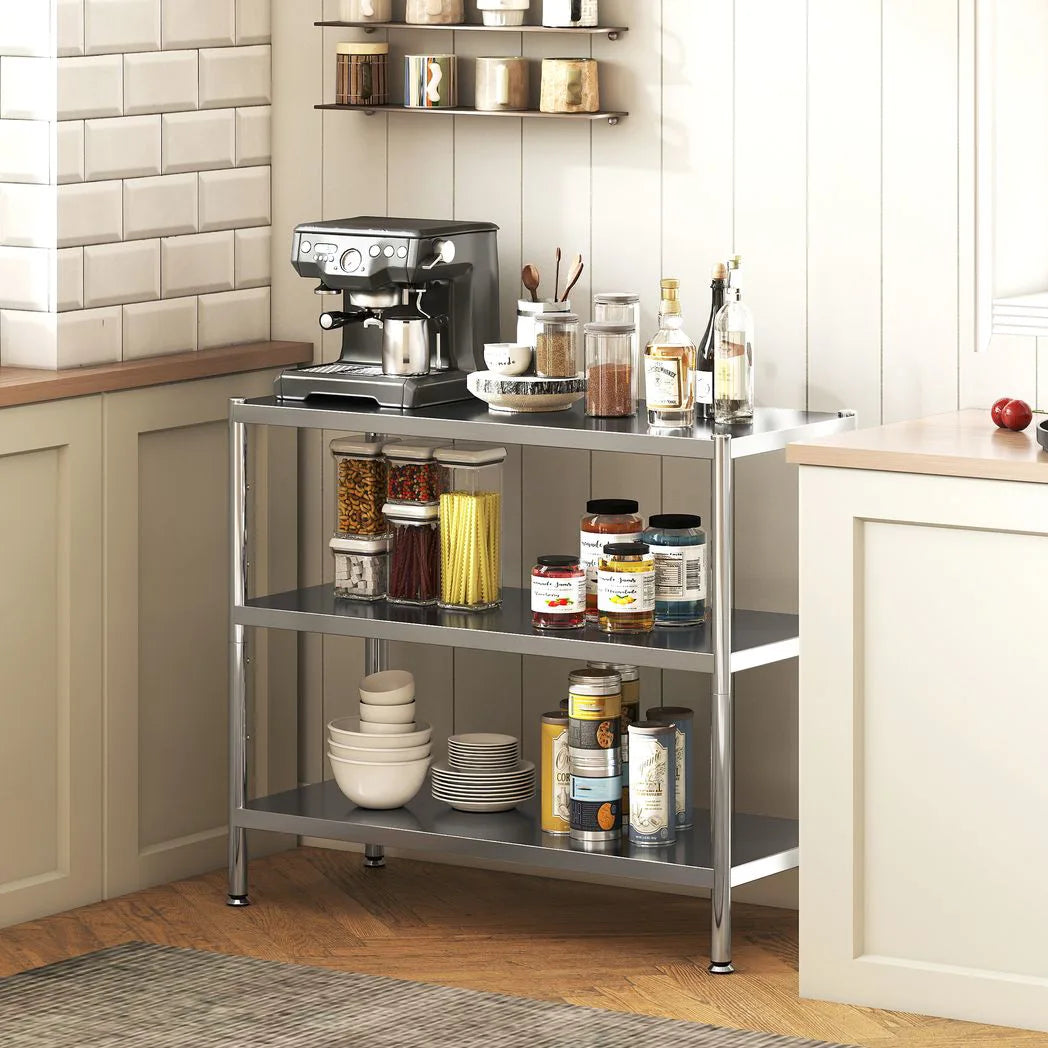HOMCOM 3-Tier Stainless Steel Bakers Rack with Adjustable Shelves – Microwave Stand and Kitchen Storage, Silver