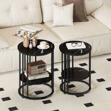 HOMCOM Set of 2 Round Marble-Effect Coffee Tables with Black Steel Legs and Bottom Shelf – Two-Tier