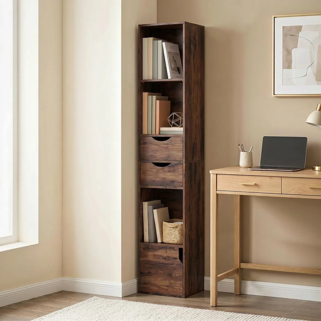 HOMCOM 158 cm Slim Bookcase with 2 Drawers, Cabinet and Adjustable Shelf – Rustic Brown