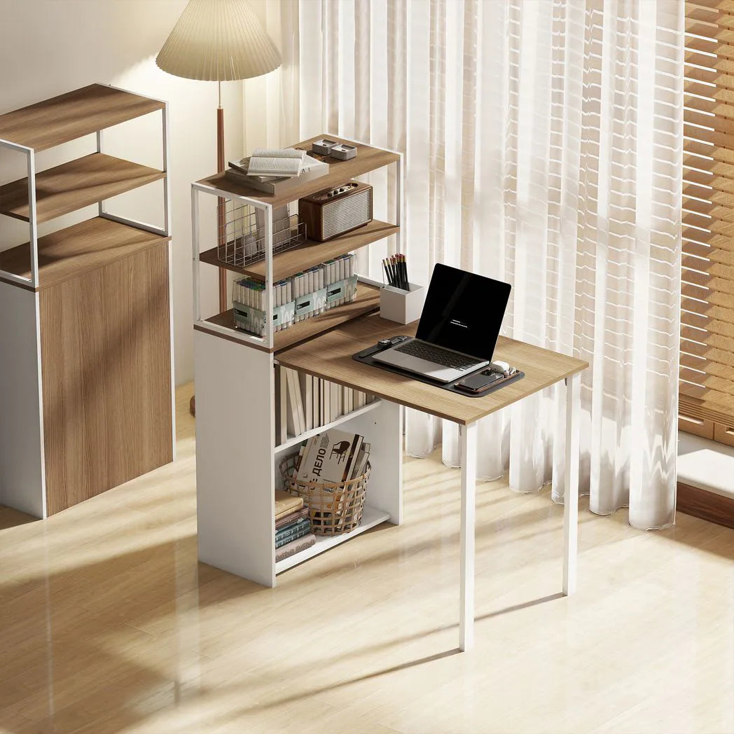 HOMCOM Folding Shelf and Work Table with 4 Tiers – 2-in-1 Bookshelf Desk for Small Spaces, Natural Wood Effect