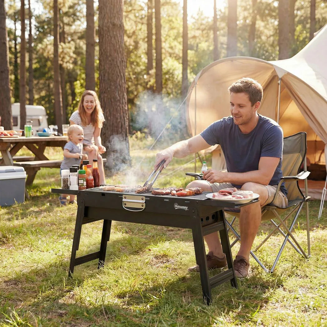 Outsunny Portable Folding Charcoal BBQ Grill with 2 Side Shelves and Handle – Camping and Picnic Barbecue, Black