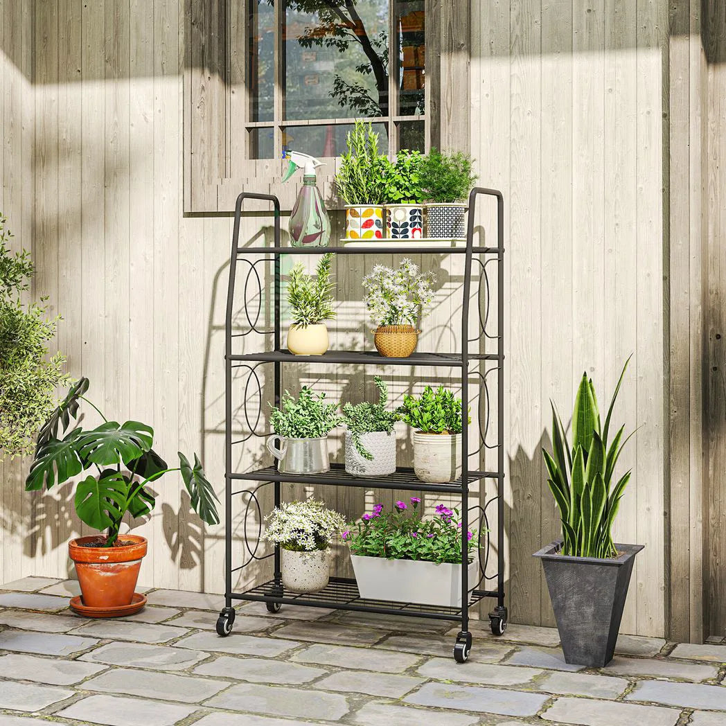 Outsunny 4-Tier Metal Plant Stand with Lockable Wheels, Heavy Duty Ladder Shelf Display Rack