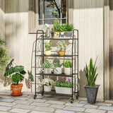 Outsunny 4-Tier Metal Plant Stand with Lockable Wheels, Heavy Duty Ladder Shelf Display Rack