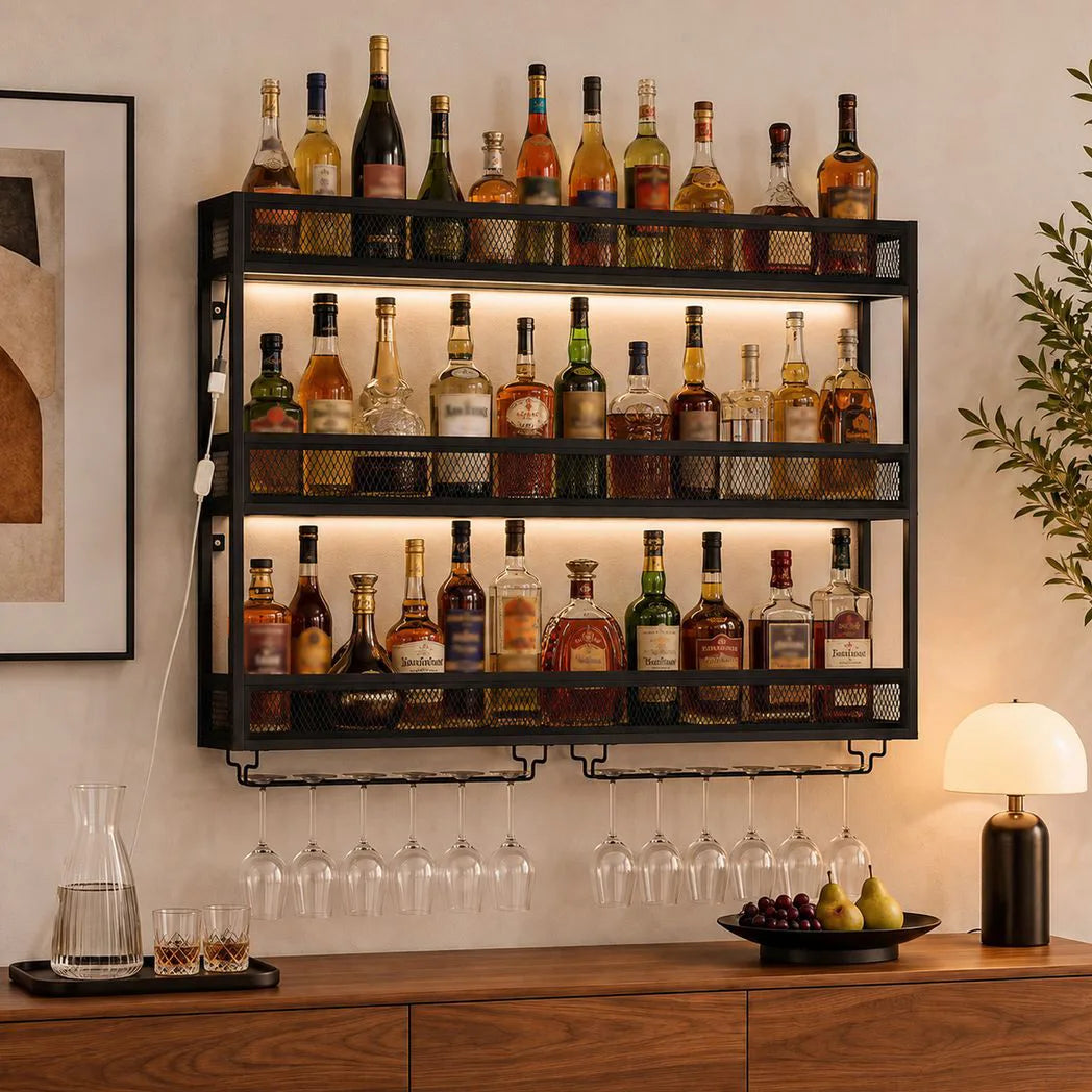 HOMCOM Wall-Mounted Wine Rack with LED Lights, Glass Holders and Open Shelf – Black Metal Rack for 36 Bottles