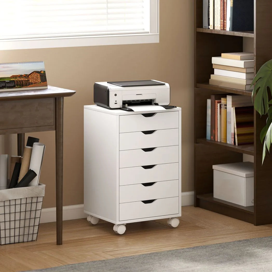 HOMCOM 6-Drawer Vertical File Cabinet with Quiet Runners & Lockable Wheels – Mobile Under Desk Storage, White