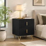 HOMCOM Fluted Bedside Table with 2 Drawers and Gold-Tone Handles, Compact Nightstand with Hairpin Legs – Black