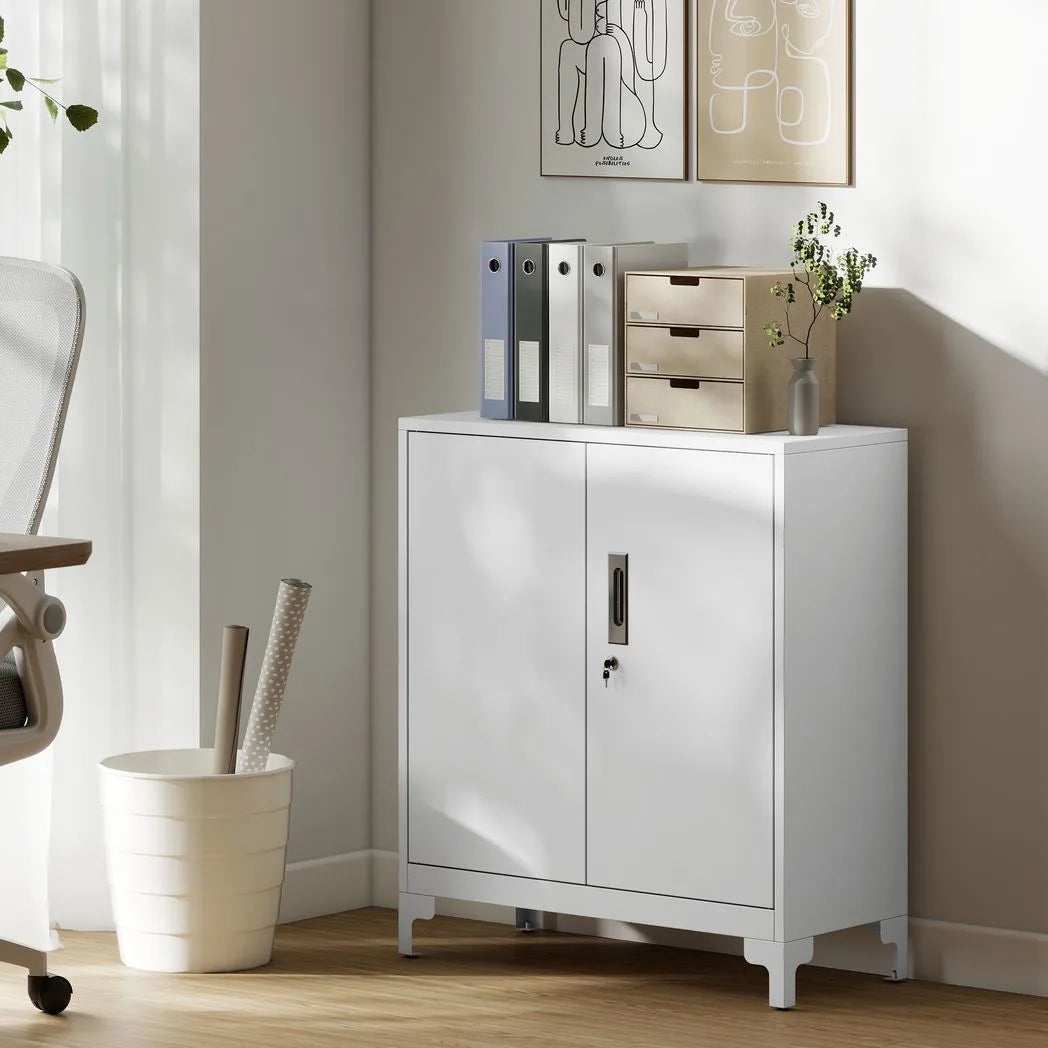 HOMCOM Lockable Metal Filing Cabinet with 2 Shelves, Double Doors & Anti-Tip Straps – Office Storage, White