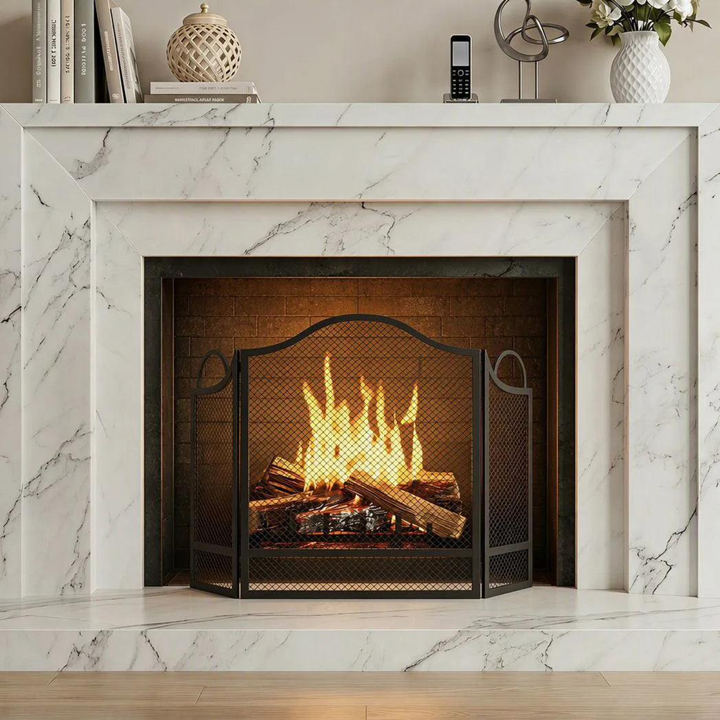 HOMCOM Floral 3-Panel Folding Fireplace Screen – Heat-Resistant Metal Spark Guard for Hearth Protection, Black