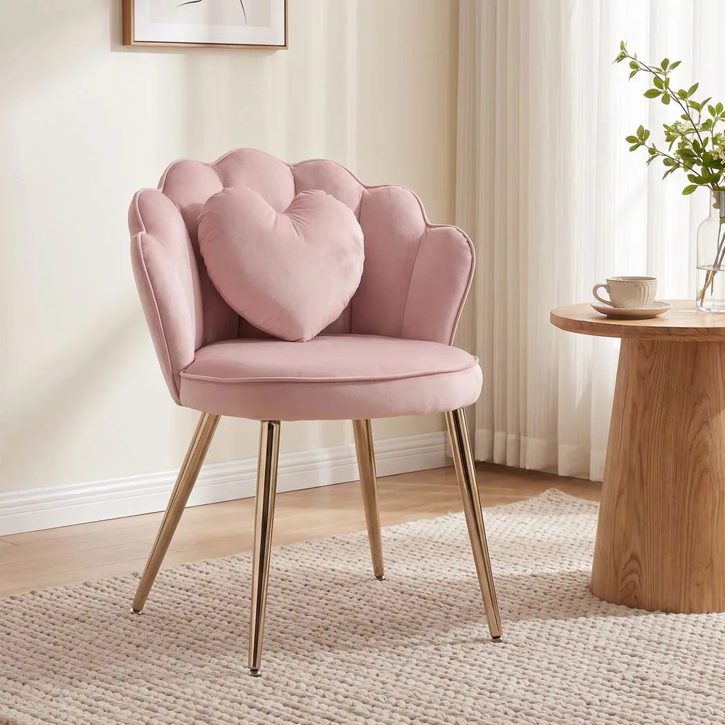 HOMCOM Velvet Accent Chair with Lotus Back, Heart Lumbar Pillow and Gold Tone Metal Legs, Soft Pink