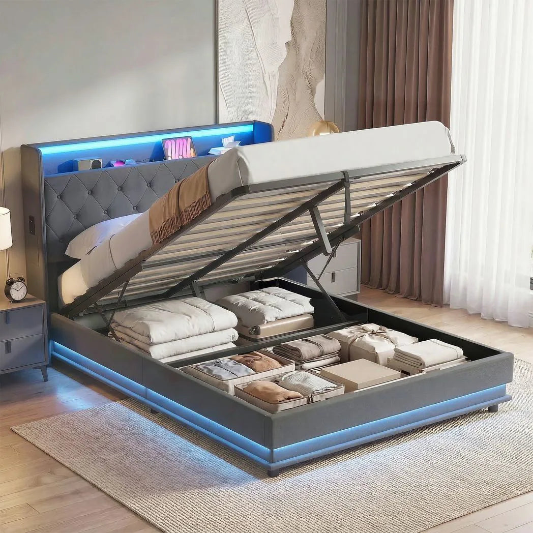 HOMCOM 4ft6 Double Ottoman Bed Frame with Hydraulic Storage, RGB LED Lights and USB Charging – Grey