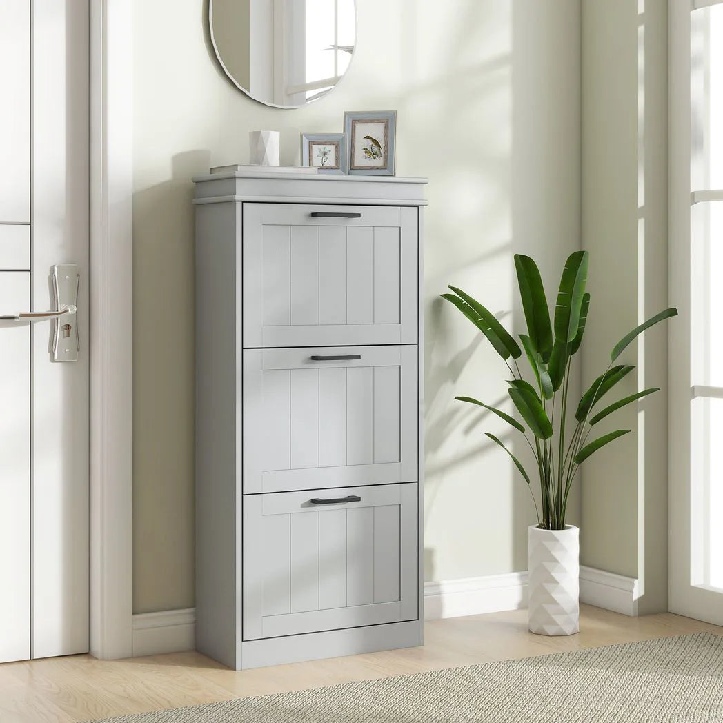 HOMCOM Slim Shoe Cabinet with 3 Flip Drawers, Holds 15 Pairs, 117.5 x 54 x 24 cm – Grey