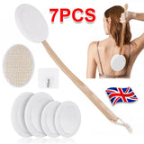 7-Piece Back Lotion Applicator Set with Beech Wooden Handle, Foam Pads and Bath Brush – 2-in-1 Body Care Tool