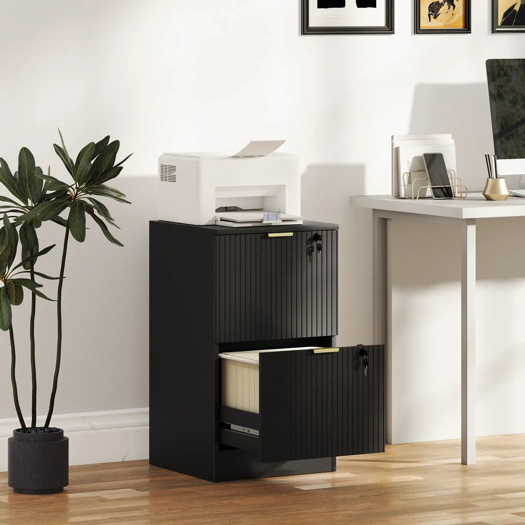 HOMCOM Fluted Vertical Filing Cabinet with 2 Lockable Drawers and Hanging Rails – Home Office Storage, Black