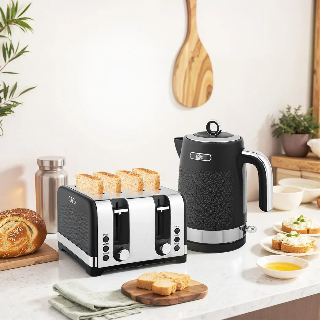 HOMCOM Textured Kettle and 4-Slice Toaster Set, 1.7L 3000W Rapid Boil Kettle – Kitchen Set, Black