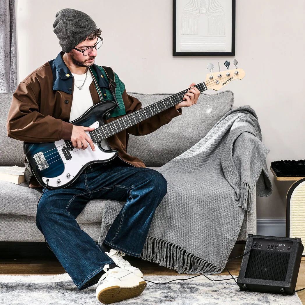 SPORTNOW 4 String Full Size Electric Bass Guitar Kit with 15W Amplifier, Carry Bag and Accessories – Beginner Bass