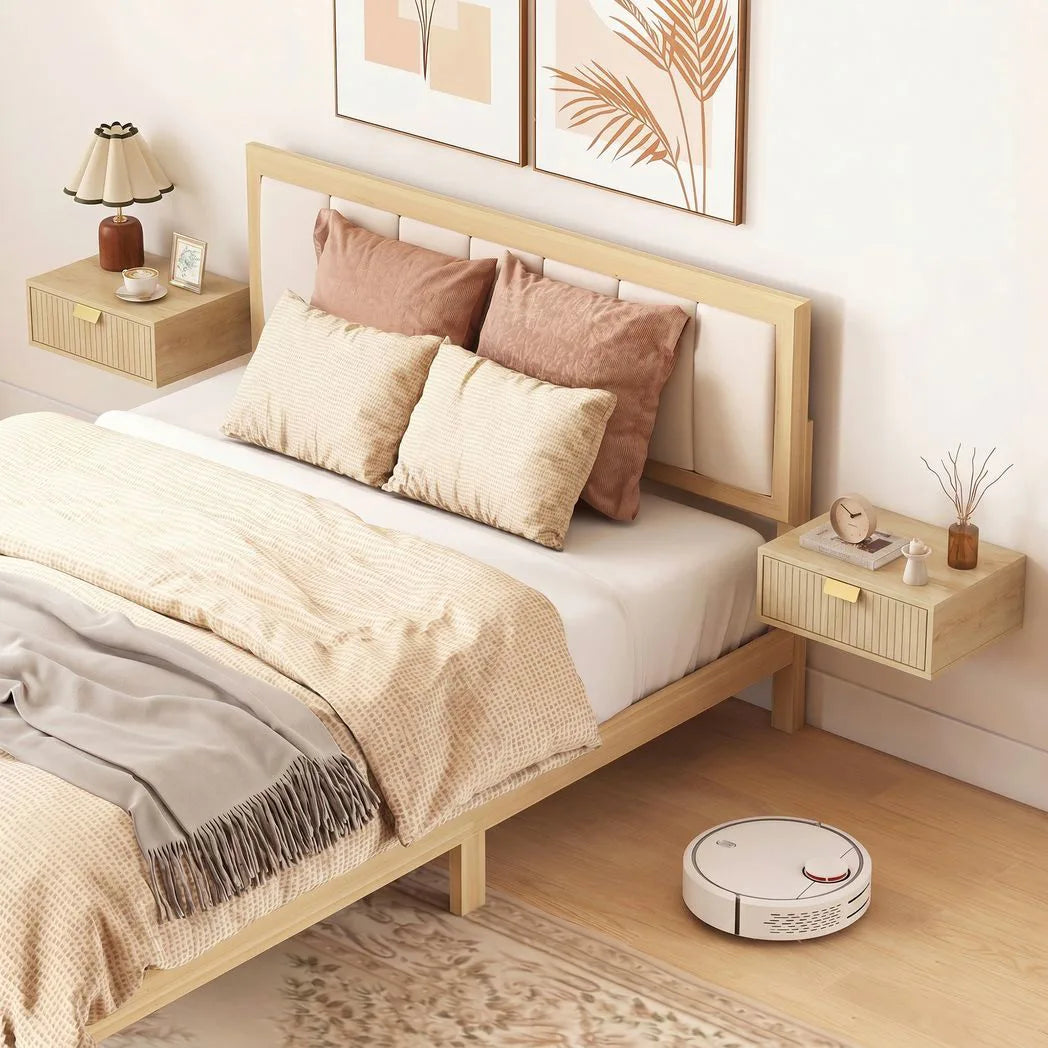 HOMCOM Floating Nightstands Set of 2 with Wave Drawers – Wall-Mounted Bedside Tables, Oak