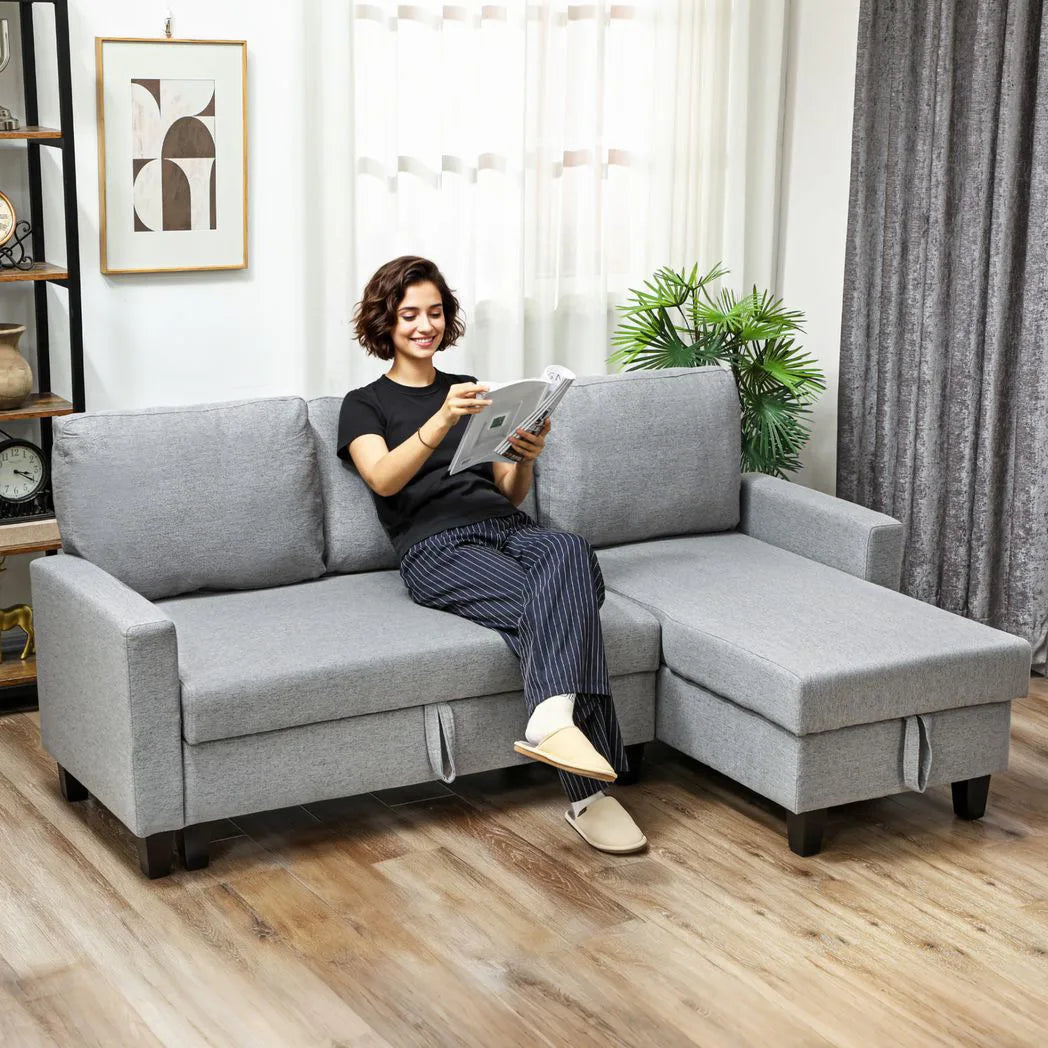 HOMCOM Three-Seater Storage Sofa Bed with Chaise & Linen-Look Upholstery – Fold-Out Sofa Bed, Grey