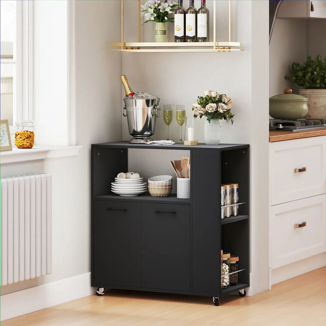 HOMCOM Kitchen Trolley with 2-Door Cabinet, Spice Racks and Adjustable Shelf – Rolling Island Cart, Black